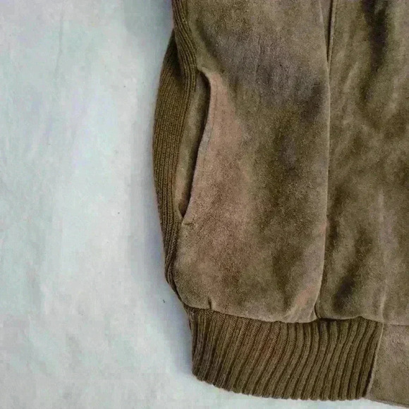 Vintage Leather & Knit Bomber Jacket 80s/90s Mixed Media Zip-Up Brown Retro M - Picture 5 of 13
